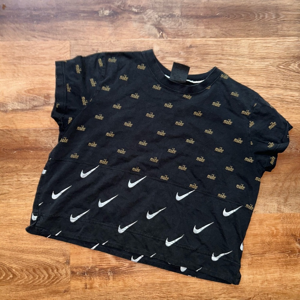 Nike Women's Black and Gold Logo Top